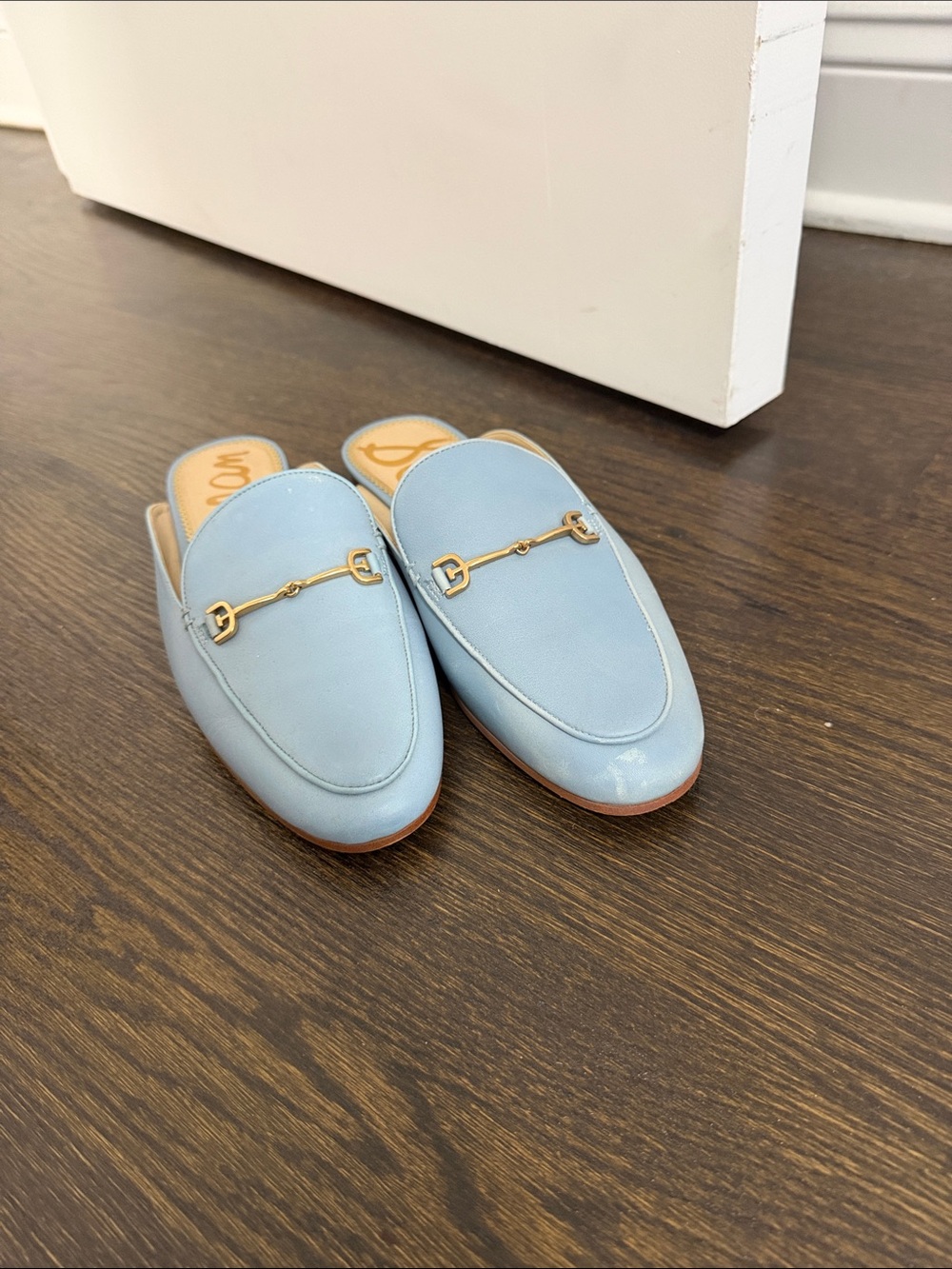 Sam Edelman Light Blue Leather Backless Horsebit Mules